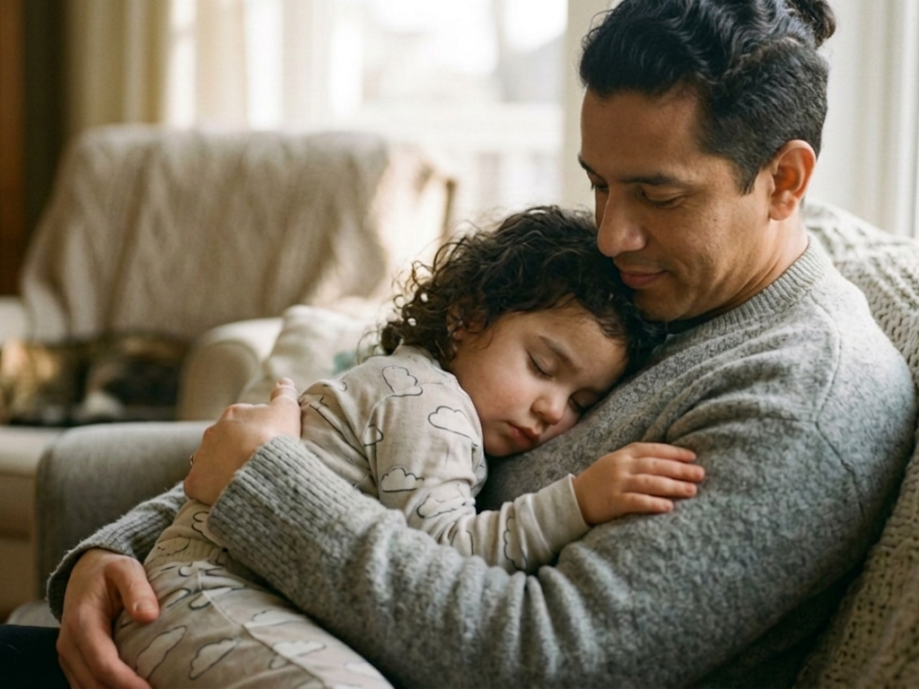 Un homme et sa fille qui dort paisiblement dans les bras de son père. L'homme l'accompagne pour un sommeil apaisé.